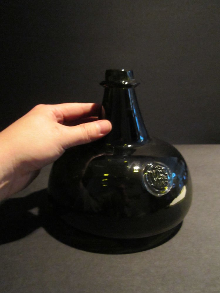 Antique Vintage Style Blown Black Glass Green Bell Onion Bottle Polished Pontil