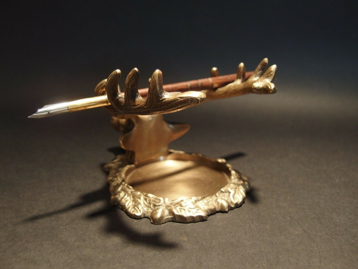 Antique Style Brass Elk Deer Stag Pen Inkwell Holder Desk Stand