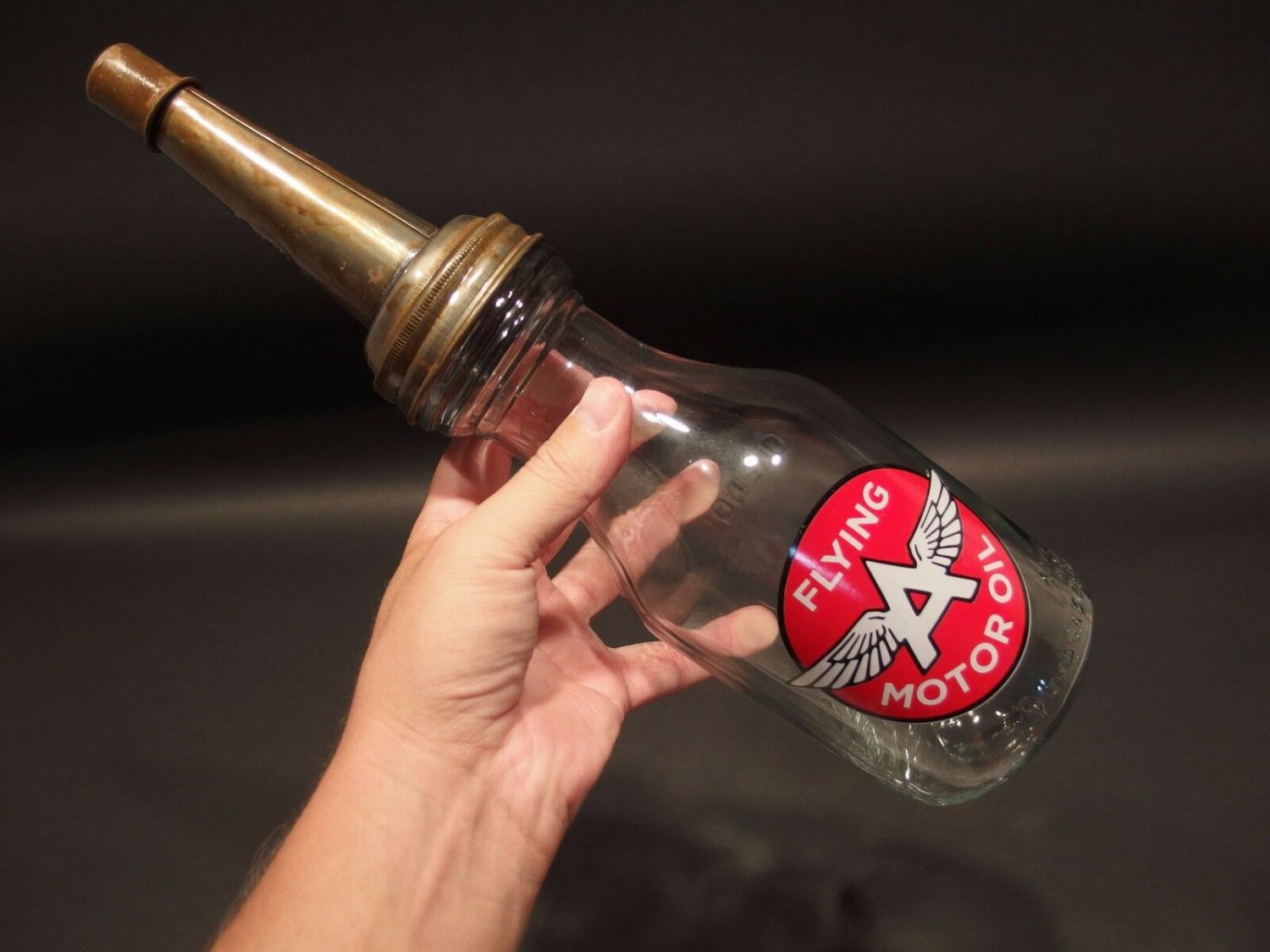 Vintage Style "Flying A" 1 Quart Glass Motor Oil Bottle with Spout