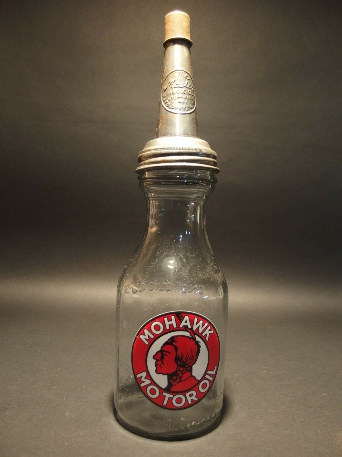 Vintage Style "Mohawk" 1 Quart Glass Motor Oil Bottle with Spout