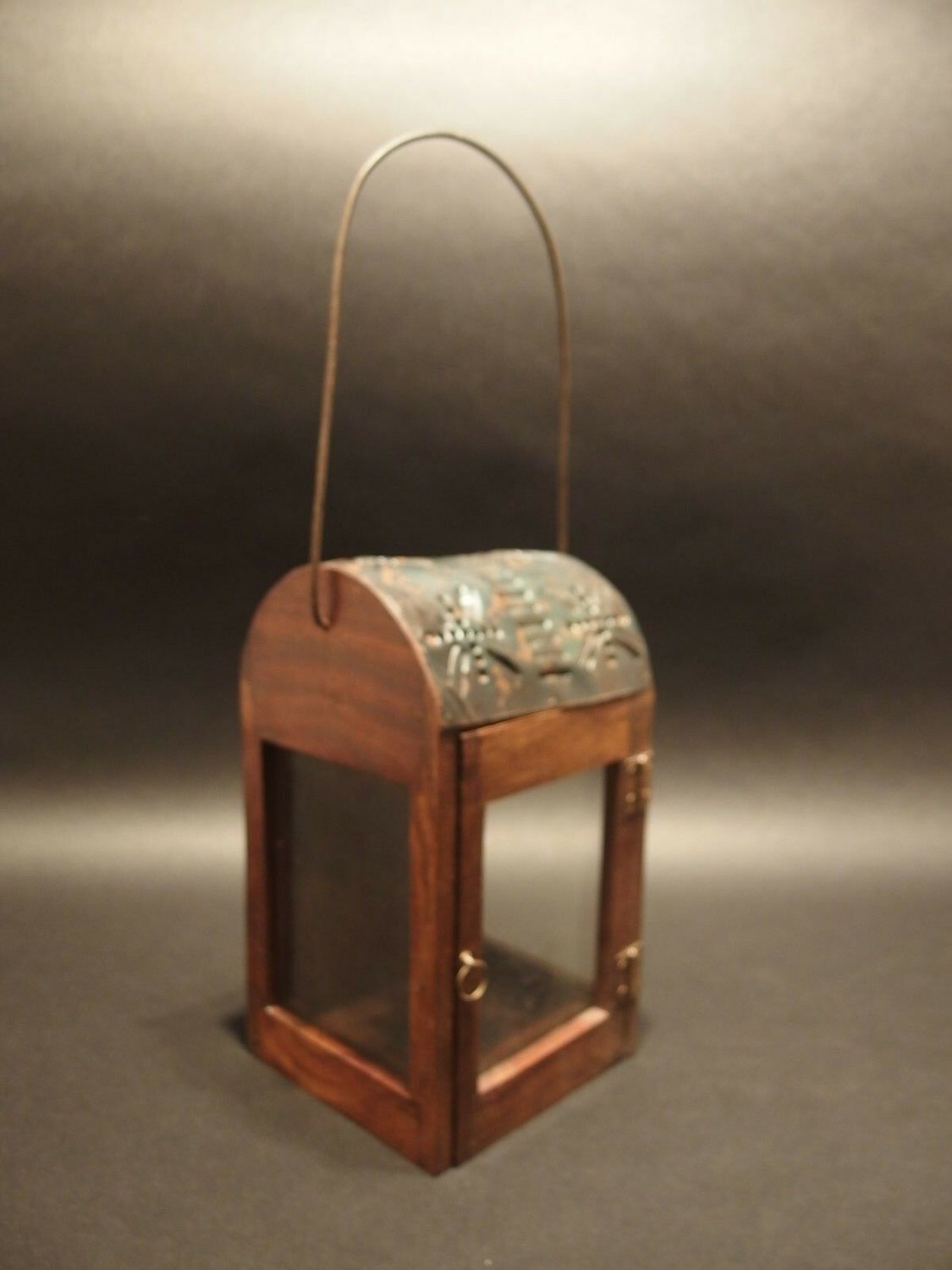 Antique Style Wood Punched Tin Glass Lantern Lamp Candle Holder