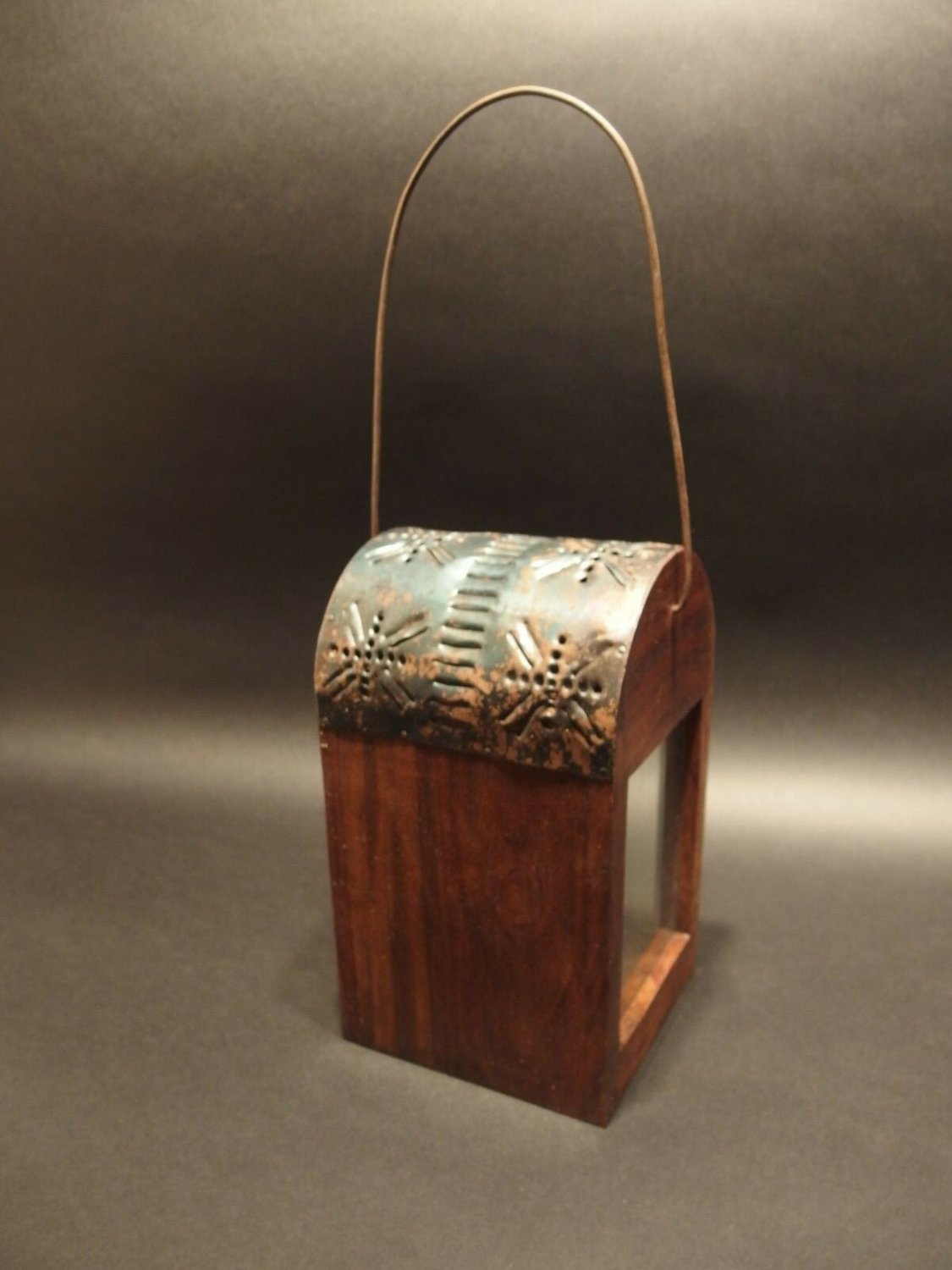 Antique Style Wood Punched Tin Glass Lantern Lamp Candle Holder