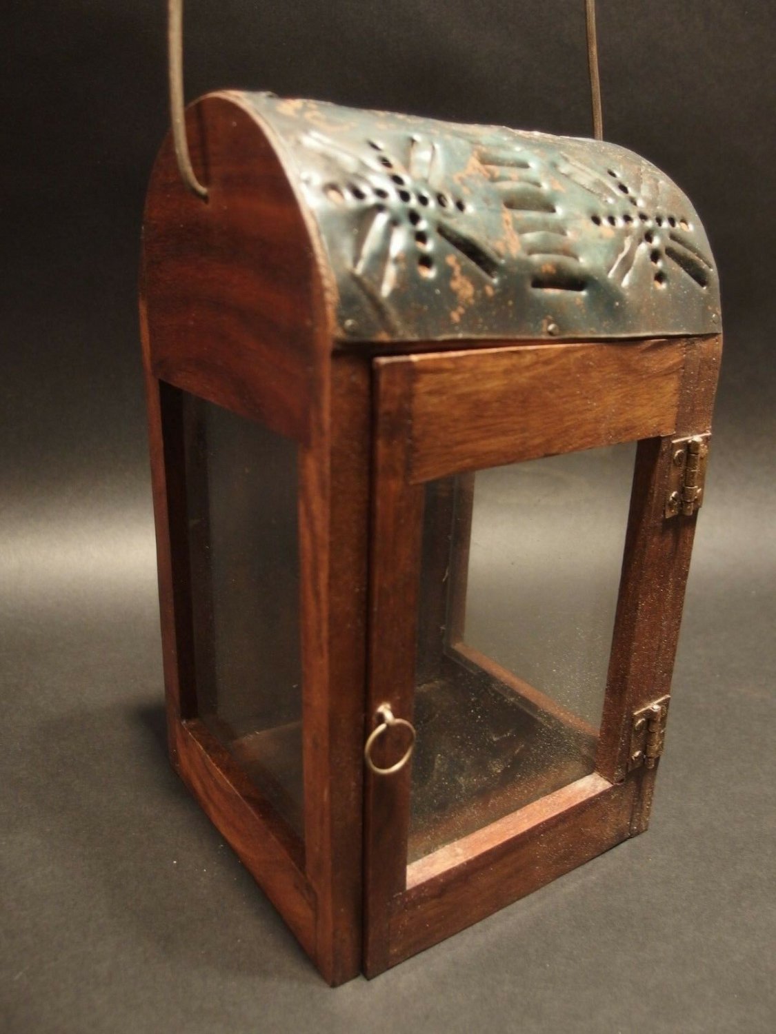 Antique Style Wood Punched Tin Glass Lantern Lamp Candle Holder