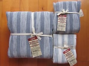JAPAN MUJI COTTON FITTED BED SHEET 4 PILLOW CASE DOUBLE BLUE WHITE STRIPE NEW
