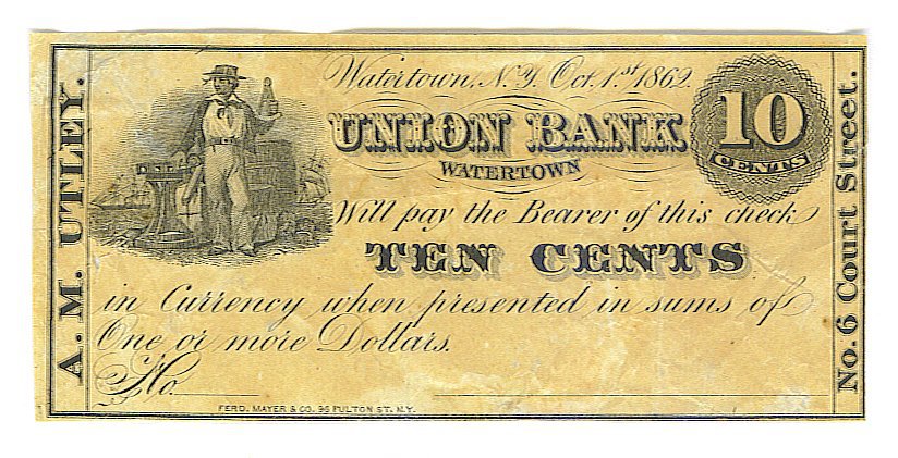 1862 10 cent Merchant's Scrip - Civil War Era - A. M. Utley - Watertown ...