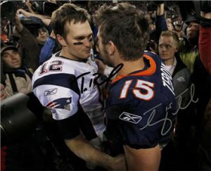 TOM BRADY TIM TEBOW SIGNED PHOTO 8X10 RP AUTO BRONCOS PATRIOTS
