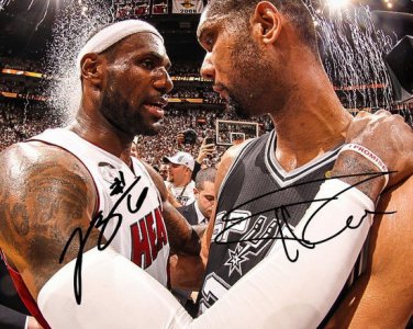 * TIM DUNCAN LEBRON JAMES SIGNED PHOTO 8X10 RP AUTOGRAPHED SAN ANTONIO SPURS