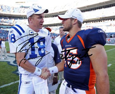 TIM TEBOW PEYTON MANNING SIGNED PHOTO 8X10 RP AUTOGRAPHED DENVER BRONCOS