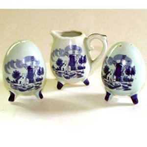 Enesco Delft Style Footed Eggs Salt and Pepper Shakers & Pitcher