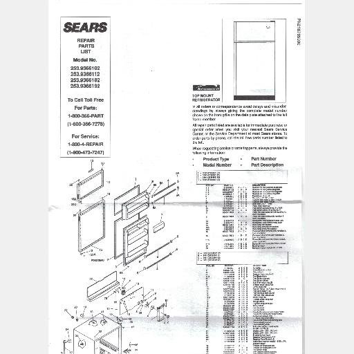 SEARS REFRIGERATOR Parts List Owners Guide 253.9366182 253.9366102 253.