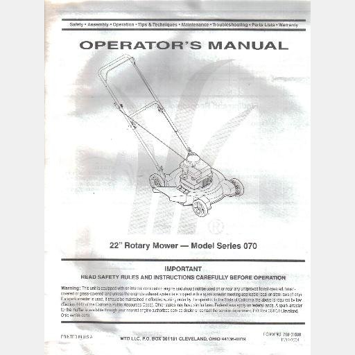 MTD 22 inch Rotary Lawn Mower Model Series 070 OWNER'S OPERATOR'S