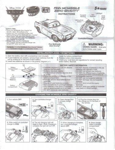 Finn McMissile Zero Gravity RC Radio Controlled Car, Instruction Manual ...