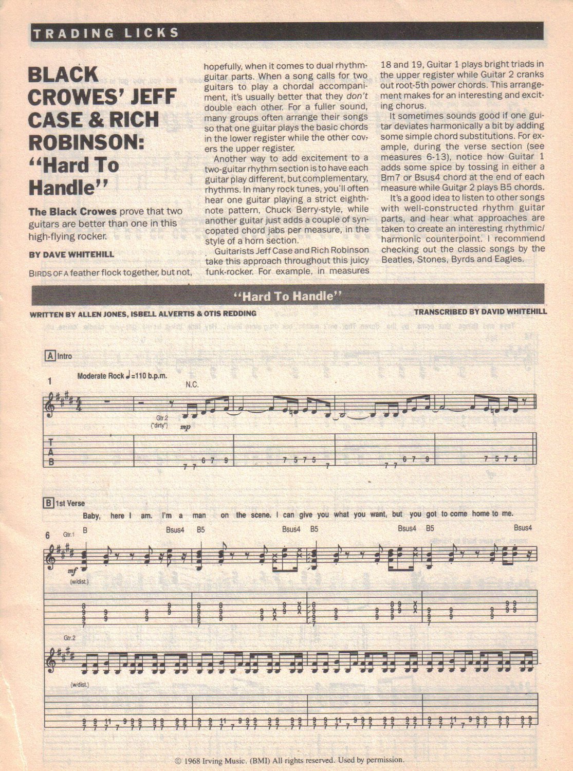 JEFF CASE RICH ROBINSON Black Crowes HARD TO HANDLE Sheet Music Transcription D Whitehill 1990