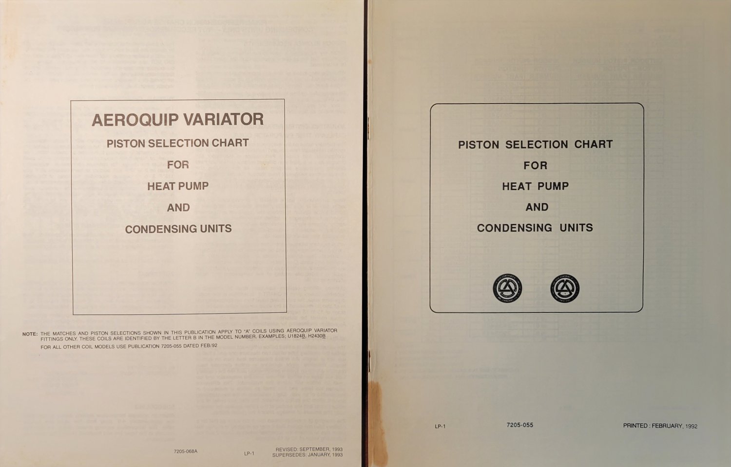 Inter-City Products AEROQUIP VARIATOR Piston Selection Charts Heat Pump Condensing Units 1993