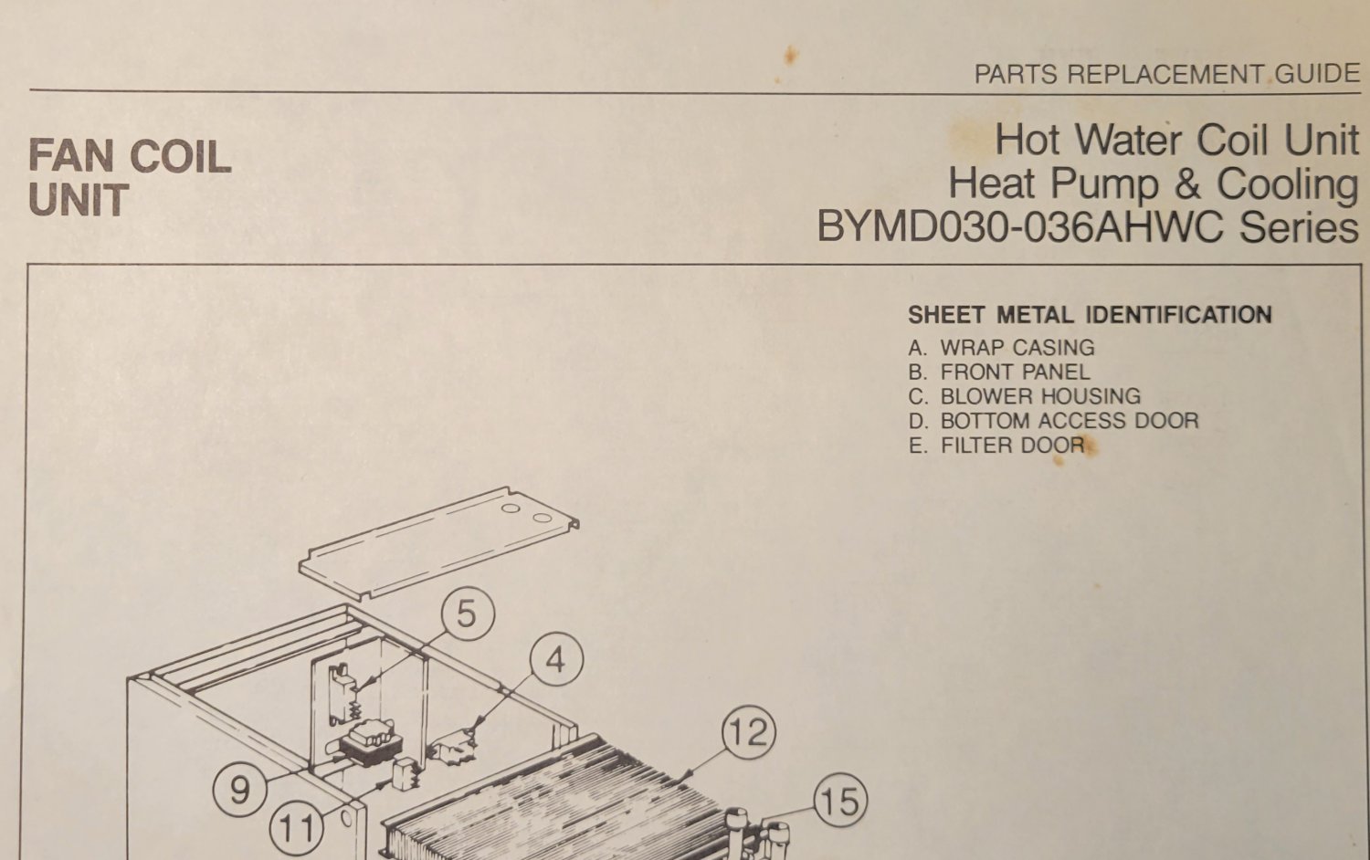 Inter-City Parts Replacement Guide Hot Water Coil Heat Pump Cooling BYMD030 036AHWC Fan Coil
