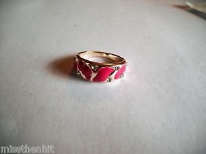 New Size 6 Gold Plated Dark Pink Enamel With Clear Rhinestones Ring