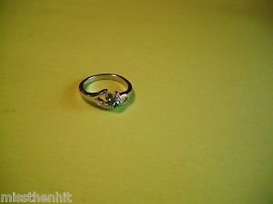 New Silver Plated Ring-Two Green Rhinestones On Stylish Band Size 6 1/2