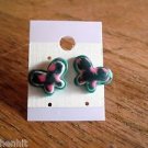 New Plastic Green & Pink Butterfly Post Earrings