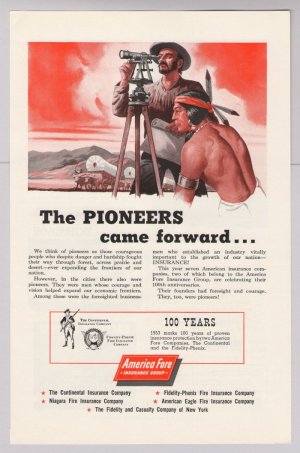 America Fore Insurance 50s Print Ad Pioneers Native American Indian Advertisement 1953