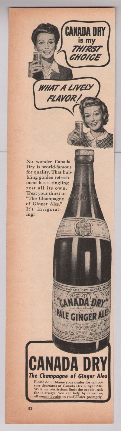 Canada Dry ginger ale '40s PRINT AD soft drink vintage advertisement 1944