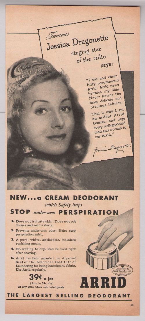 Arrid deodorant Jessica Dragonette '40s PRINT AD singer radio star ...