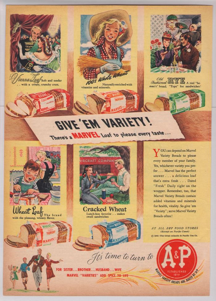 Marvel bread '40s PRINT AD vintage advertisement A&P 1944