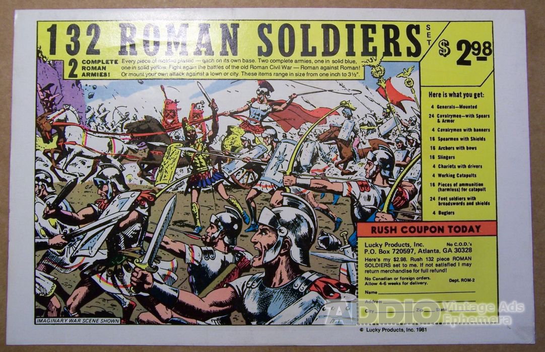 Marx 100 toy soldiers battleground ad 132 PC ROMAN SOLDIER COMIC AD 