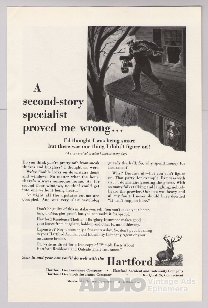 HARTFORD insurance '50s PRINT AD 2nd-story burglar vintage advertisement 1953