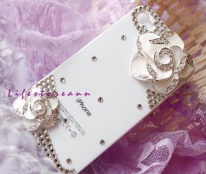 3D flower crystal stone case cover for iphone4 /4S white flower white case
