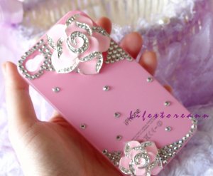 3D flower crystal stone case cover for iphone 4/4S pink flowr pink case