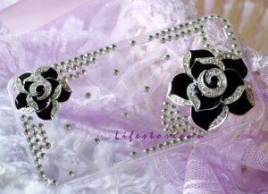 3D flower crystal stone case cover for iphone 4/4S black flower clear case