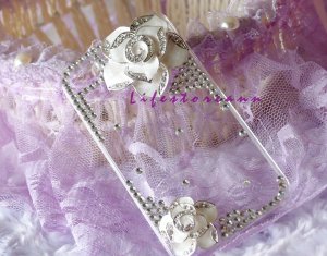 3D flower crystal stone case cover for iphone 4/4S white flower clear case