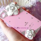 3D flower crystal stone case cover for iphone 4/4S white flower pink case