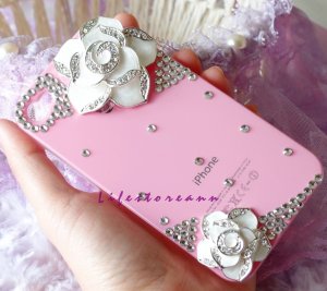 3D flower crystal stone case cover for iphone 4/4S white flower pink case