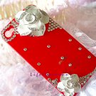 3D flower crystal stone case cover for iphone 4/4S white flower red case