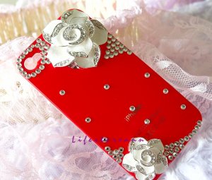 3D flower crystal stone case cover for iphone 4/4S white flower red case