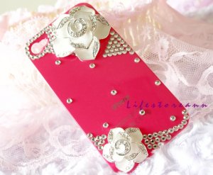 3D flower crystal stone case cover for iphone 4/4S white flower peach case