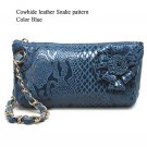 Cowhide genuine leather snake pattern blue color small handbag