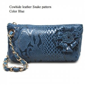 Cowhide genuine leather snake pattern blue color small handbag