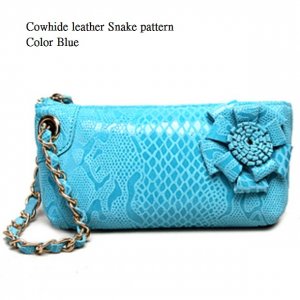 Cowhide genuine leather snake pattern light blue  color small handbag