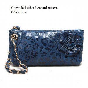 Cowhide genuine  leather Leopard pattern Blue color small handbag