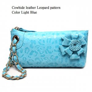 Cowhide genuine leather Leopard pattern Light Blue color small handbag