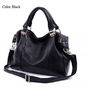 Cowhide genuine leather snake pattern  with long chain strap black color handbag