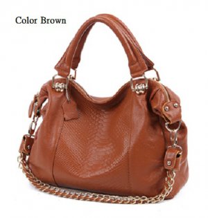 Cowhide genuine leather snake pattern  with long chain strap brown color handbag