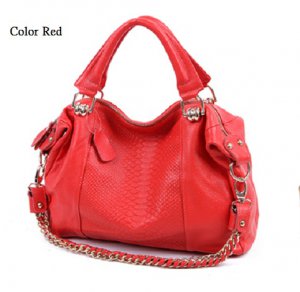 Cowhide genuine leather snake pattern  with long chain strap Red color handbag