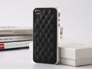 black color Lamb leather Silver edge case / cover for iphone 4 / 4s