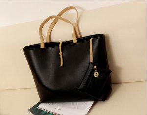 Solid black contrast color strap PU bag with small coins bag