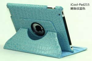 iPad 2 Crocodile 360&Acirc;&deg; Rotating Leather Case Smart Cover W/ Swivel Stand Aqua color