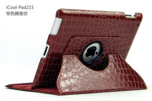 iPad 2 Crocodile 360&Acirc;&deg; Rotating Leather Case Smart Cover W/ Swivel Stand Brown color