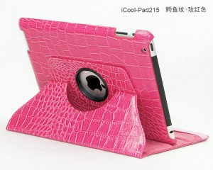 iPad 2 Crocodile 360&Acirc;&deg; Rotating Leather Case Smart Cover W/ Swivel Stand Pink color